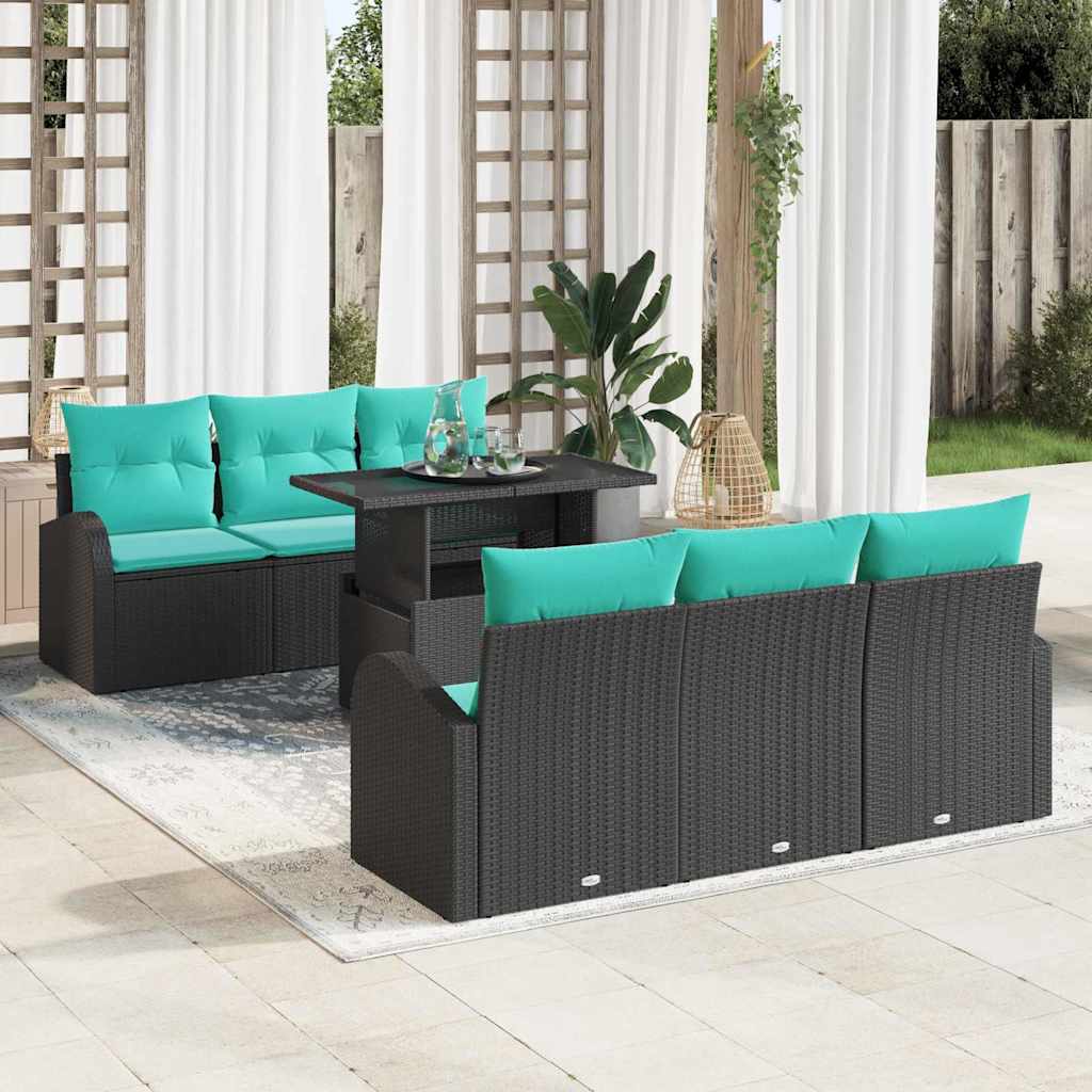 vidaXL Zestaw Sof na Ogród z poduszką 7 pcs Czarny Rattan poli