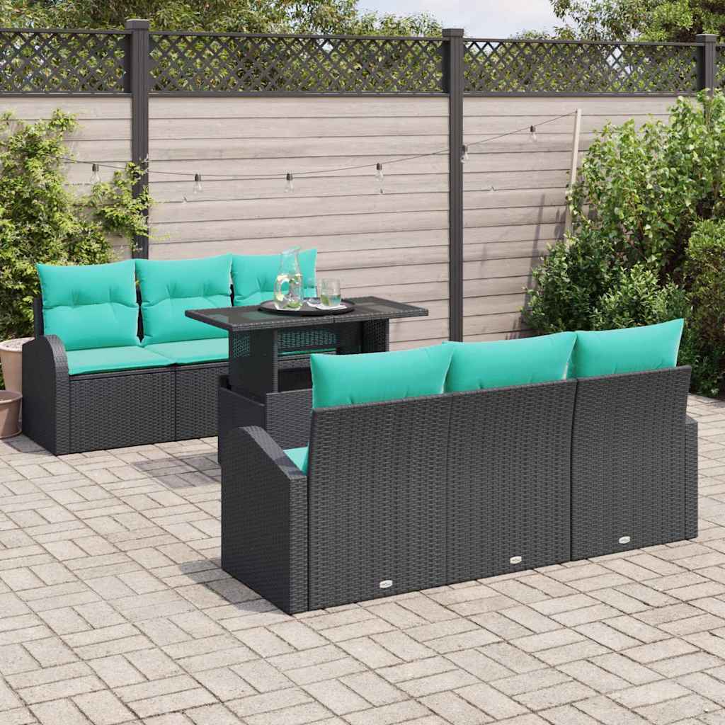 vidaXL Zestaw Sof na Ogród z poduszką 7 pcs Czarny Rattan poli