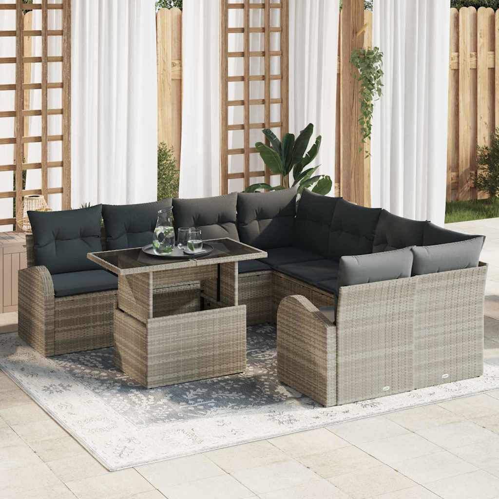 vidaXL Zestaw Sof na Ogród z poduszką 9 pcs Jasnoszary Rattan poli