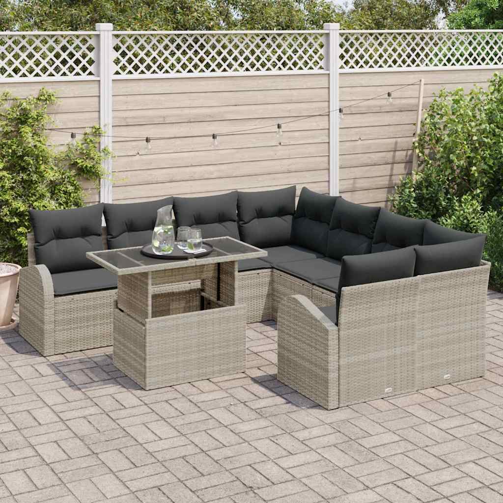 vidaXL Zestaw Sof na Ogród z poduszką 9 pcs Jasnoszary Rattan poli