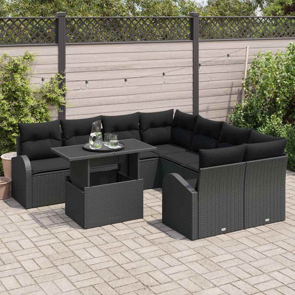 vidaXL Zestaw Sof na Ogród z poduszką 9 pcs Czarny Rattan poli