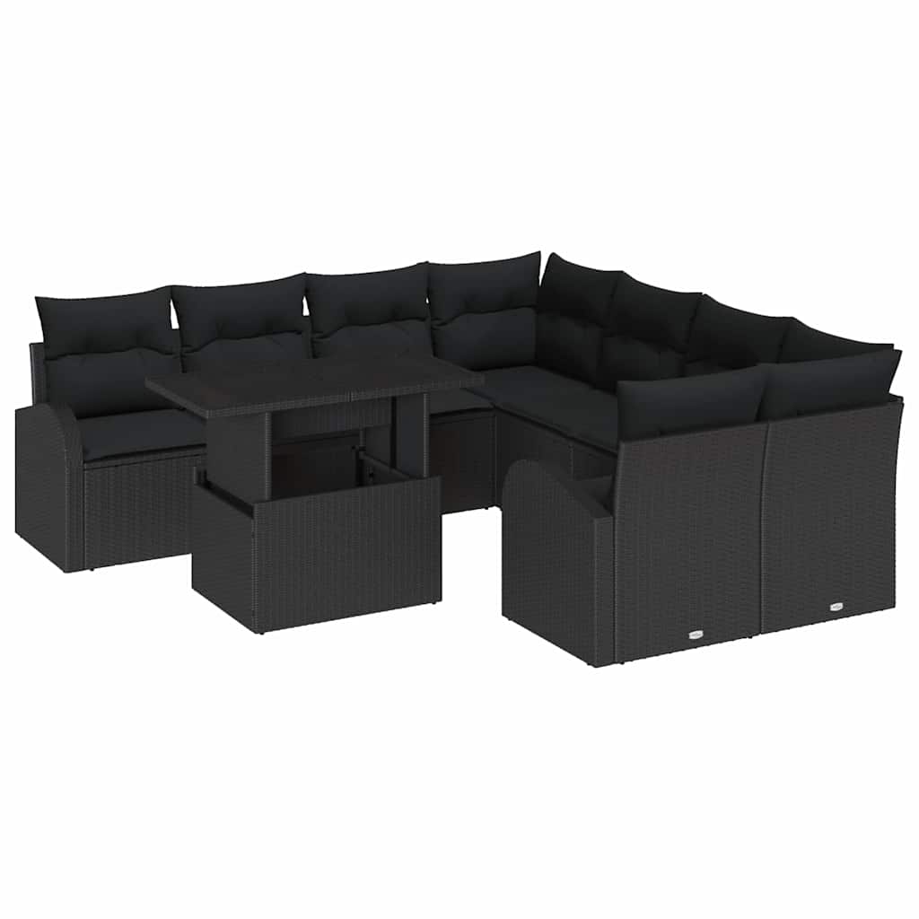 vidaXL Zestaw Sof na Ogród z poduszką 9 pcs Czarny Rattan poli