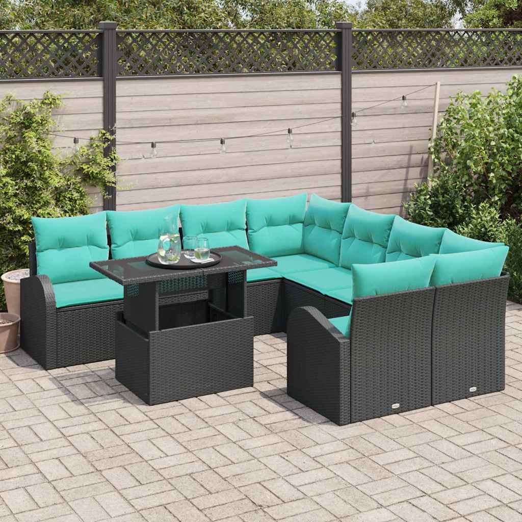 vidaXL Zestaw Sof na Ogród z poduszką 9 pcs Czarny Rattan poli