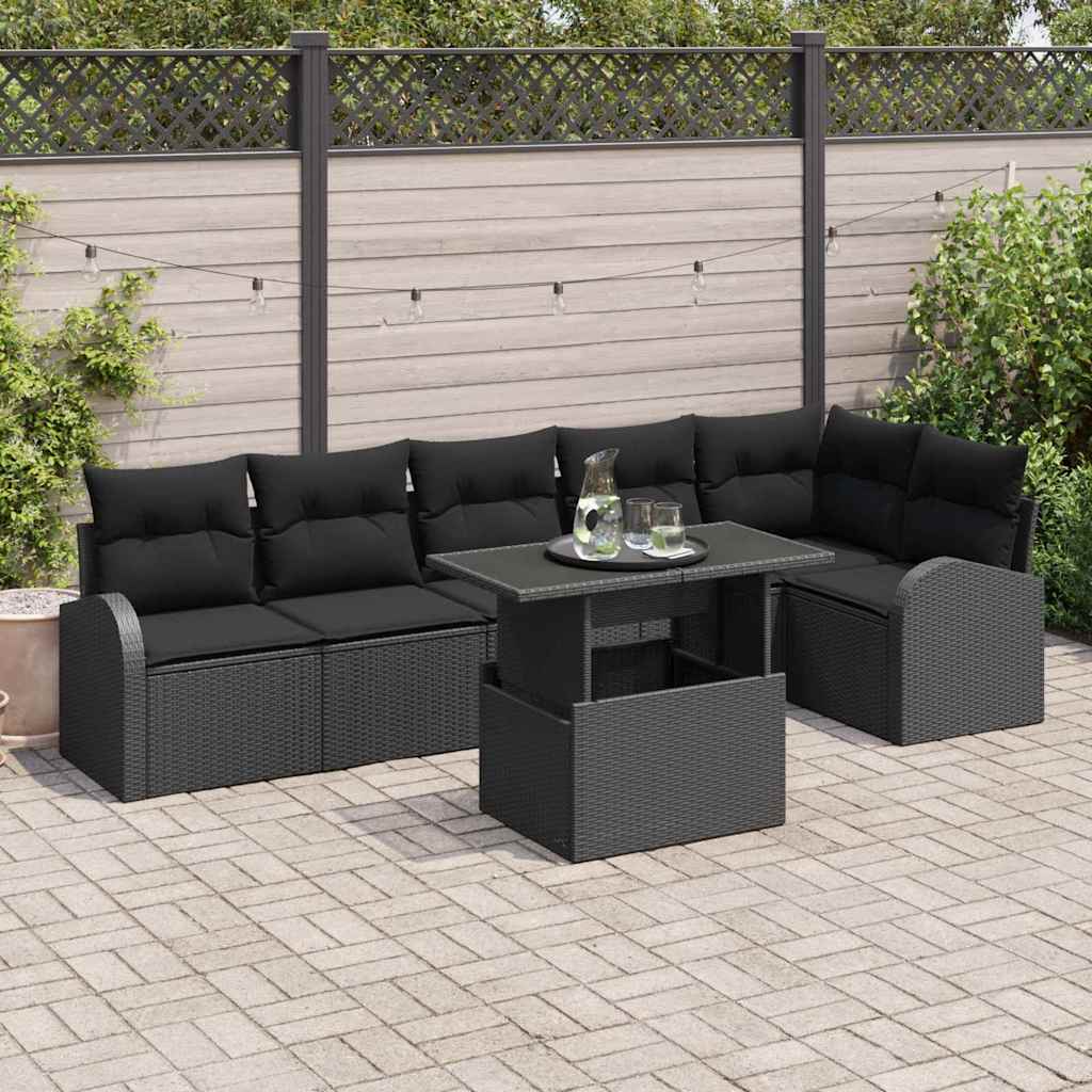 vidaXL Zestaw Sof na Ogród z poduszką 7 pcs Czarny Polirattan