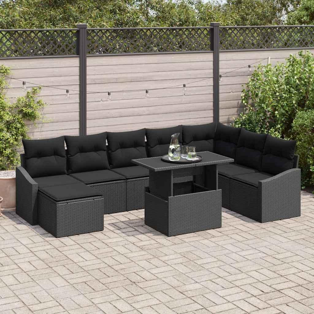 vidaXL Zestaw Sof na Ogród z poduszką z przechowywaniem 9 pcs Czarny