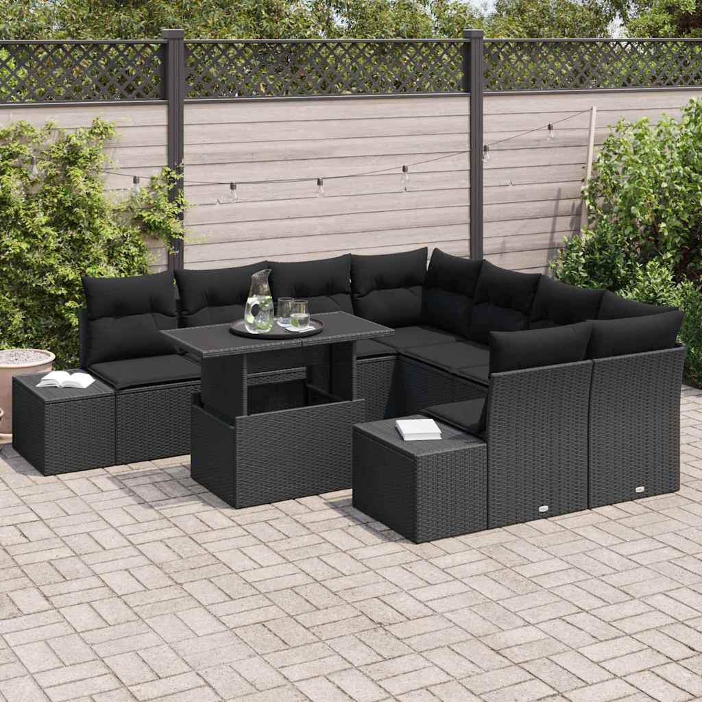 vidaXL Zestaw Sof na Ogród z poduszką 9 pcs Czarny polirattan