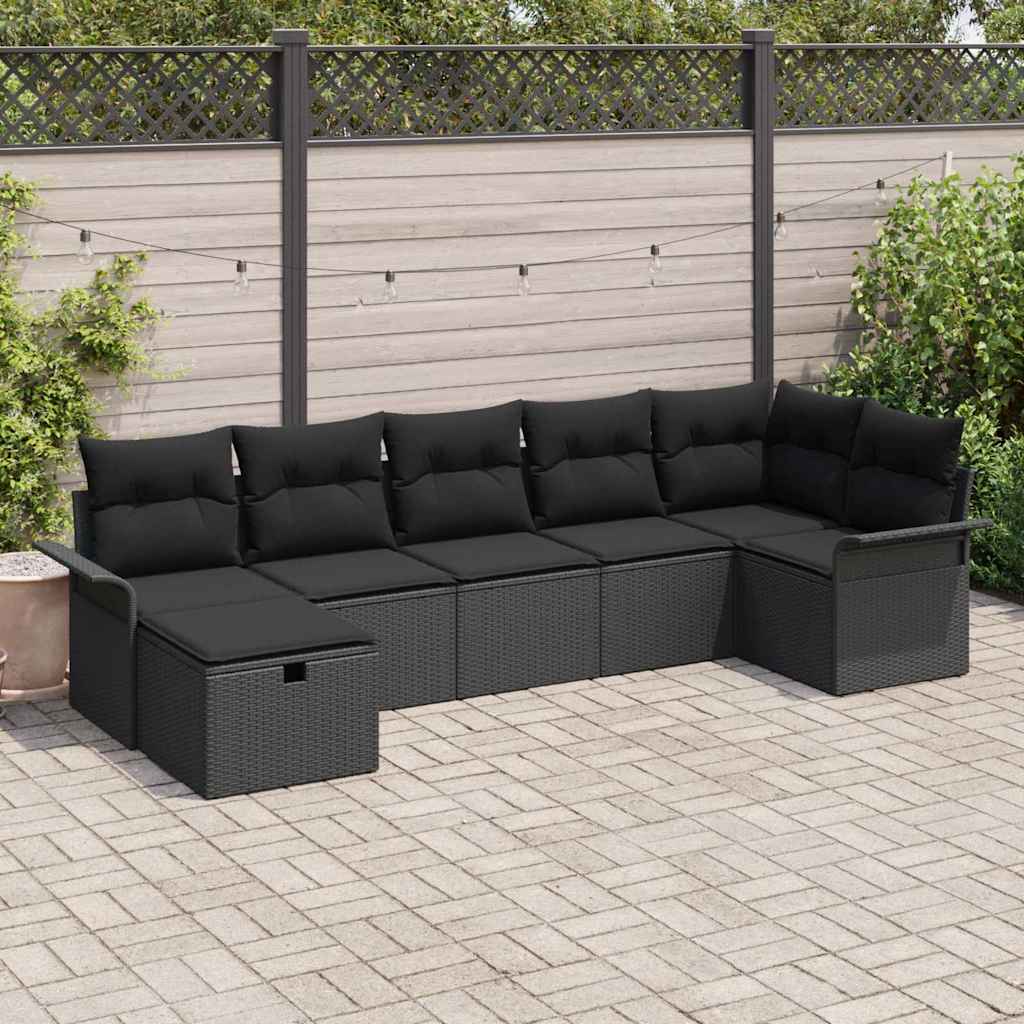vidaXL Zestaw Sof na Ogród z poduszką 7 pcs Czarny polirattan