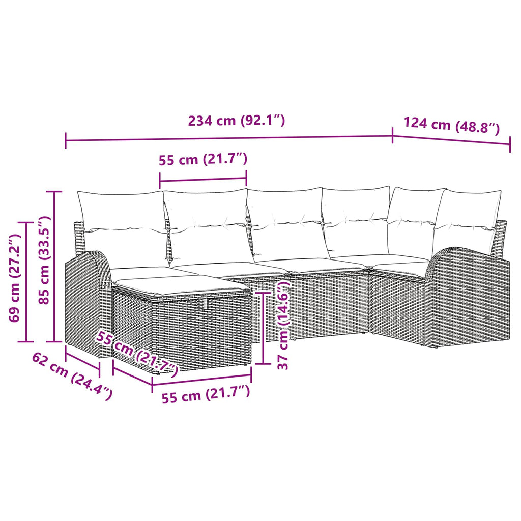 vidaXL Zestaw Sof z poduszką 6 pcs Brązowy i czerwony polirattan