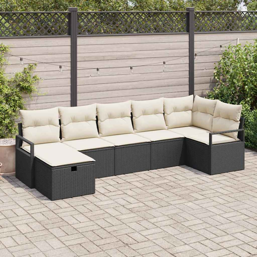 vidaXL Zestaw Sof z poduszką 7 pcs Czarny i kremowy polirattan