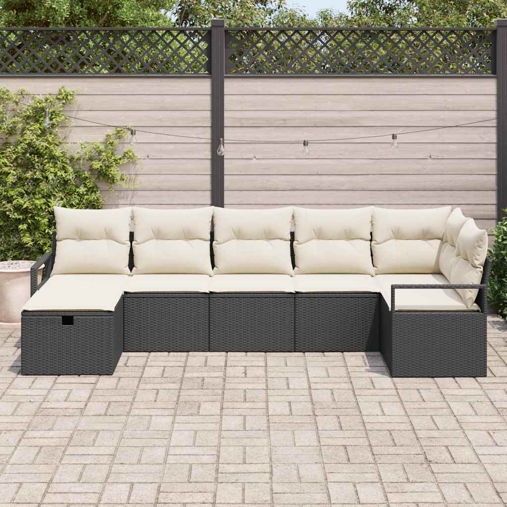 vidaXL Zestaw Sof z poduszką 7 pcs Czarny i kremowy polirattan