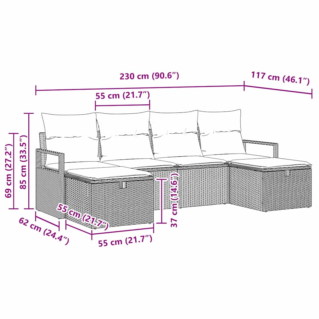 vidaXL Zestaw Sof z poduszką 6 pcs Czarny i kremowy polirattan