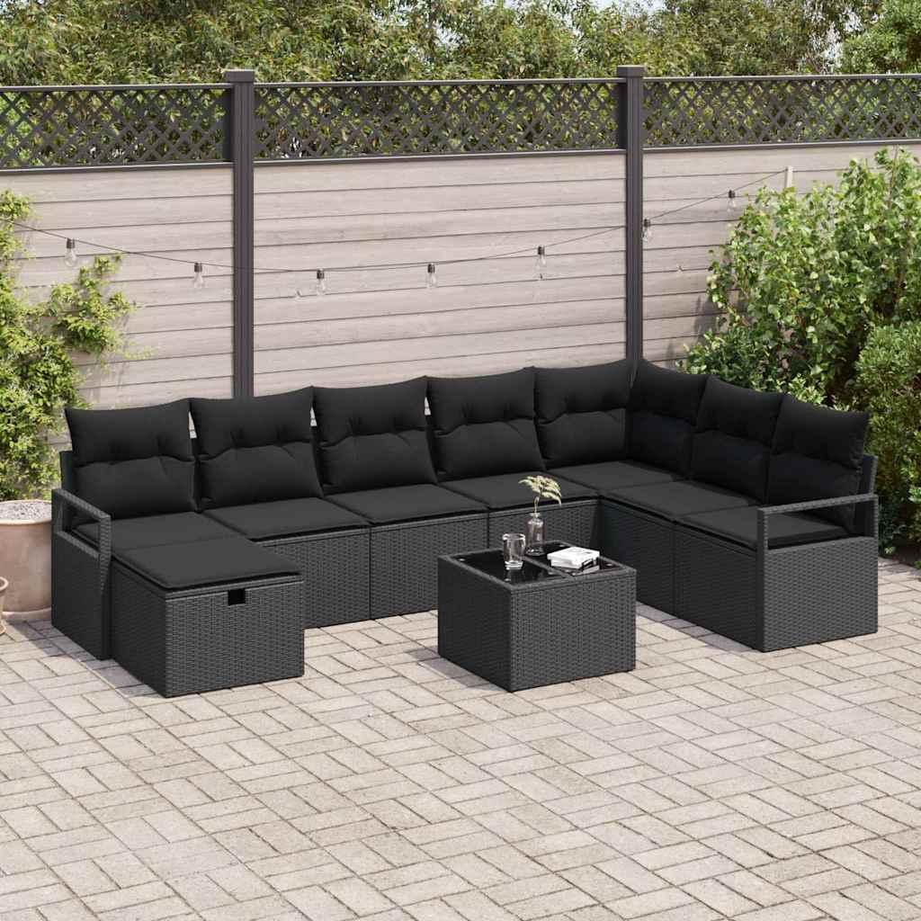 vidaXL Zestaw Sof z poduszką z przechowywaniem 9 pcs Czarny polirattan