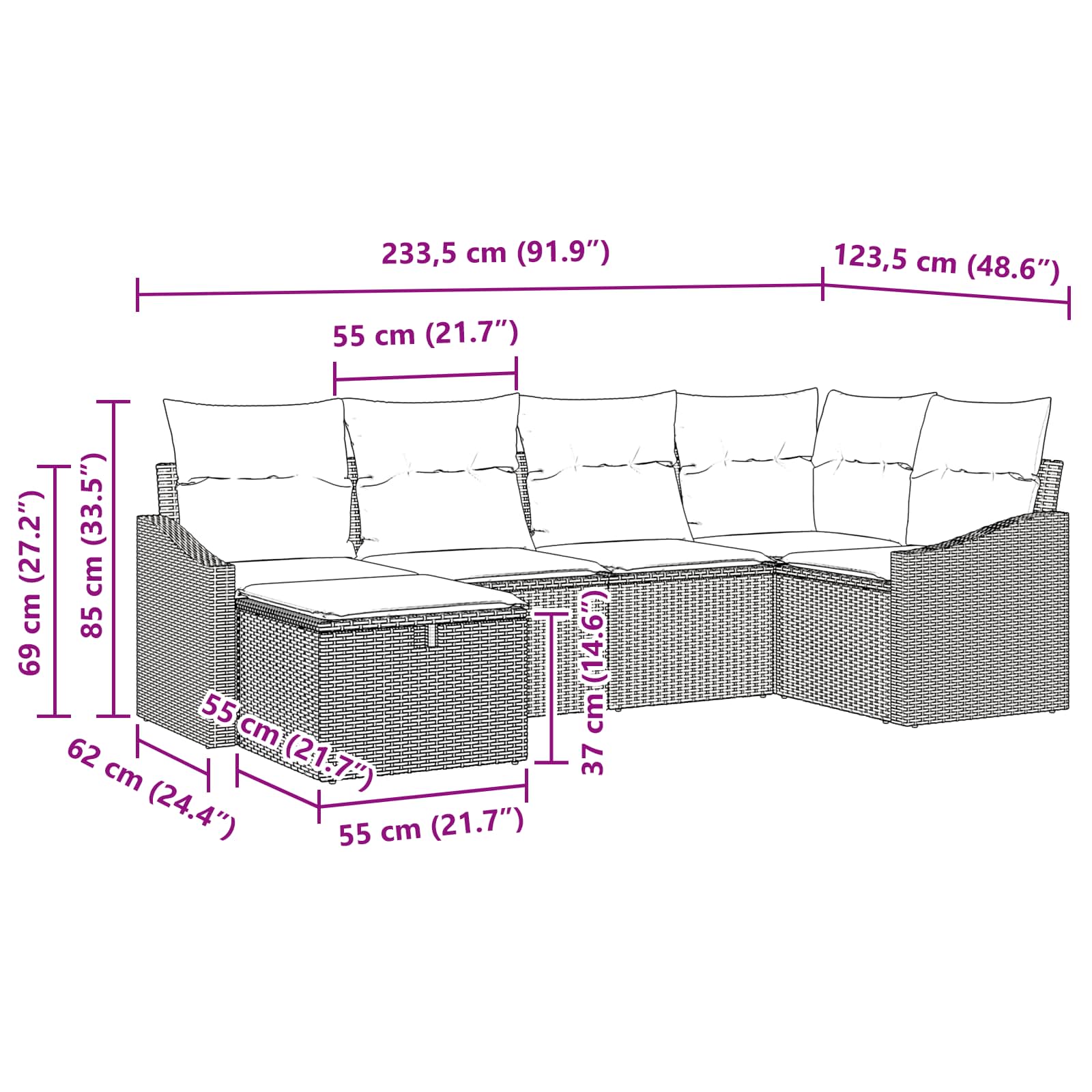 vidaXL Zestaw Sof z poduszką z przechowywaniem 6 pcs Czarny polirattan