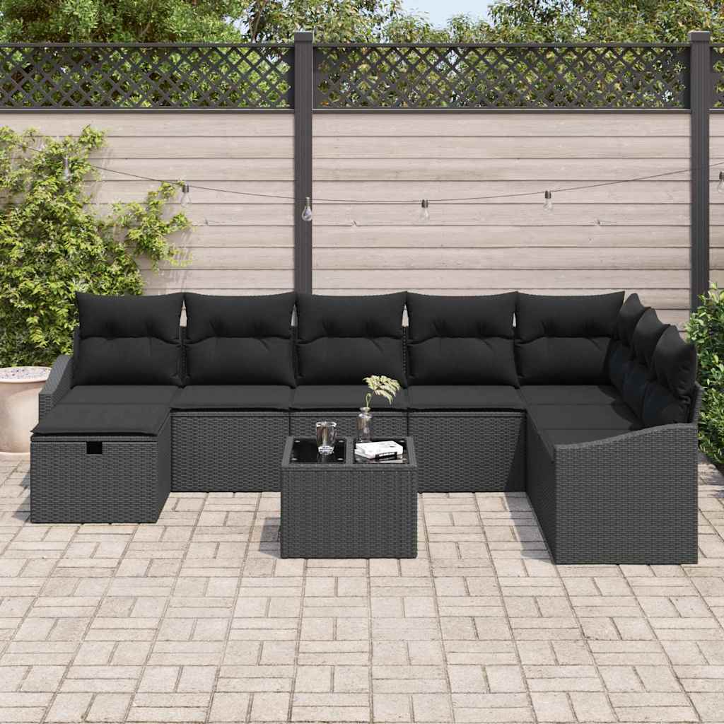 vidaXL Zestaw Sof na Ogród z poduszką 9 pcs Czarny Polirattan