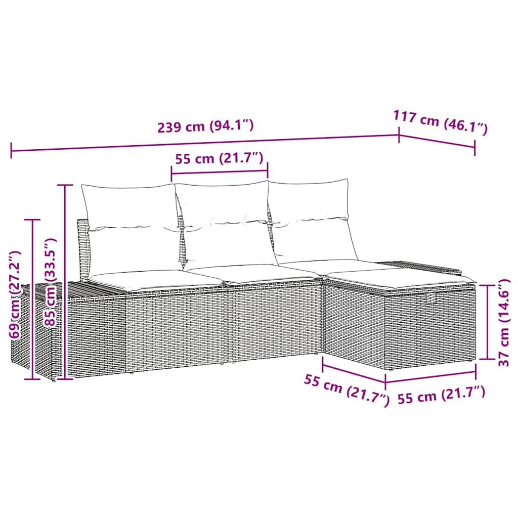vidaXL Zestaw Sof na Ogród z poduszką 4 pcs Czarny Polirattan