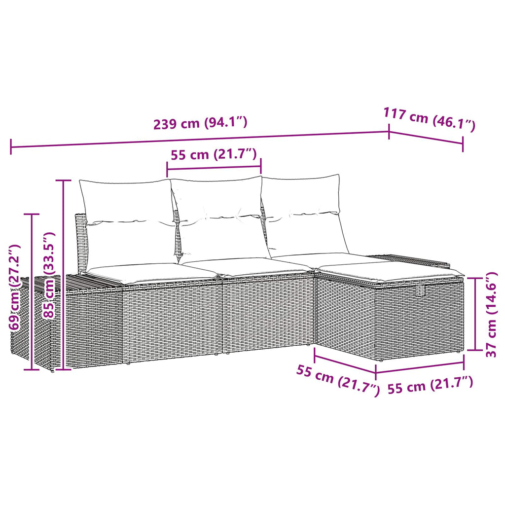 vidaXL Zestaw Sof na Ogród z poduszką 4 pcs polirattan