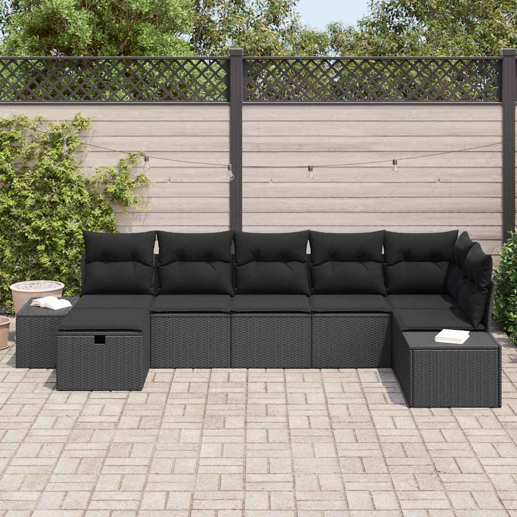 vidaXL Zestaw Sof na Ogród z poduszką 7 pcs Czarny polirattan