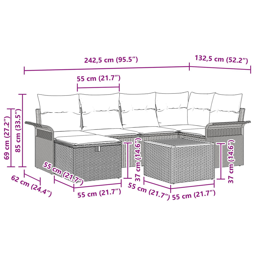 vidaXL Zestaw Sof na Ogród z poduszką 7 pcs Czarny polirattan