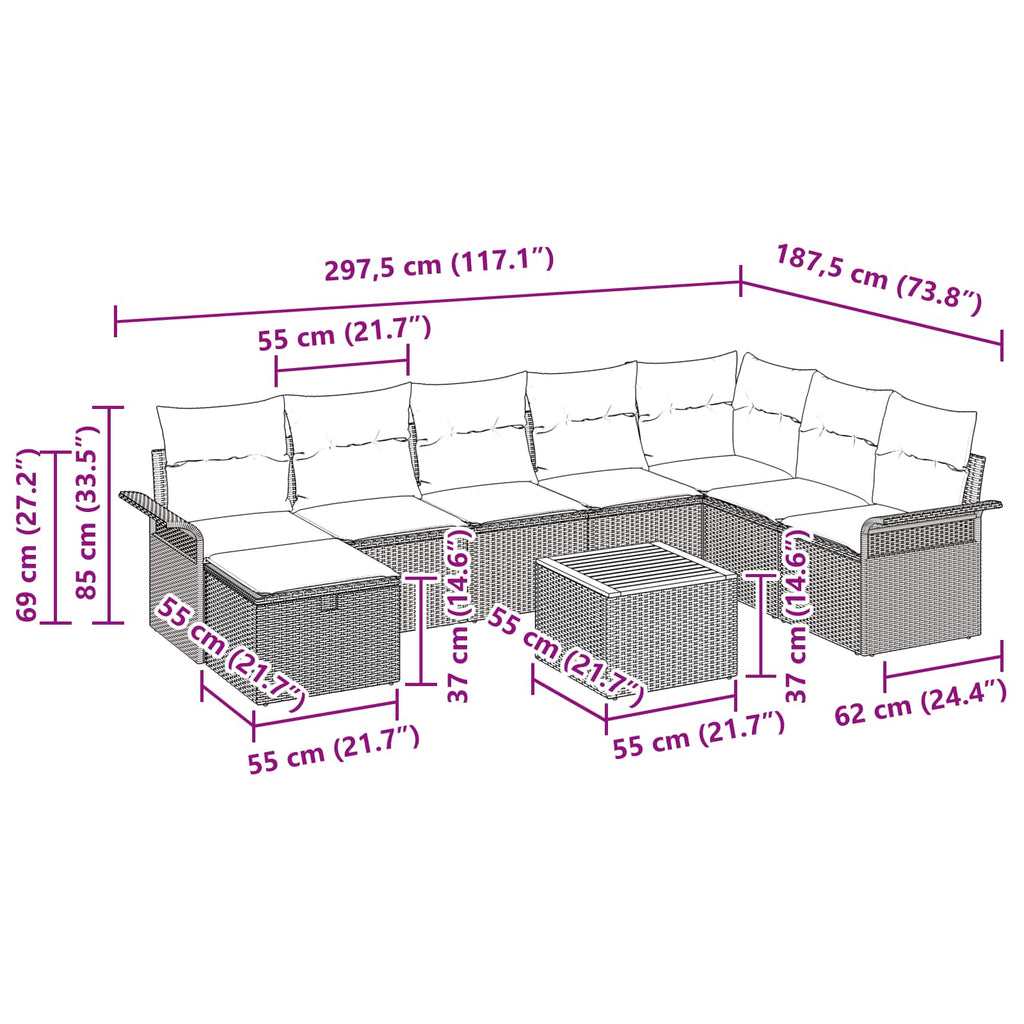 vidaXL Zestaw Sof na Ogród z poduszką 9 pcs Szary polirattan