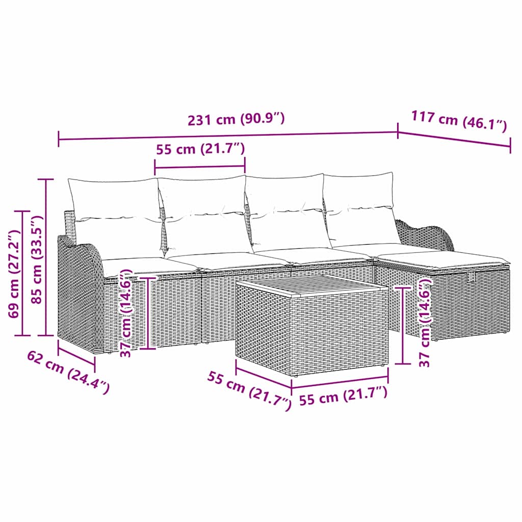vidaXL Zestaw Sof na Ogród z poduszką 6 pcs Czarny polirattan