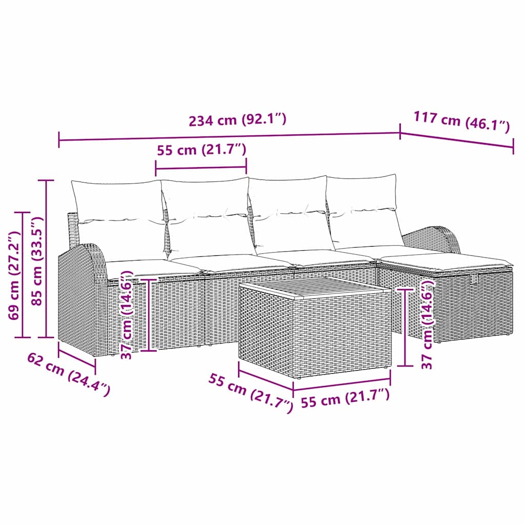 vidaXL Zestaw Sof na Ogród z poduszką 6 pcs Czarny polirattan