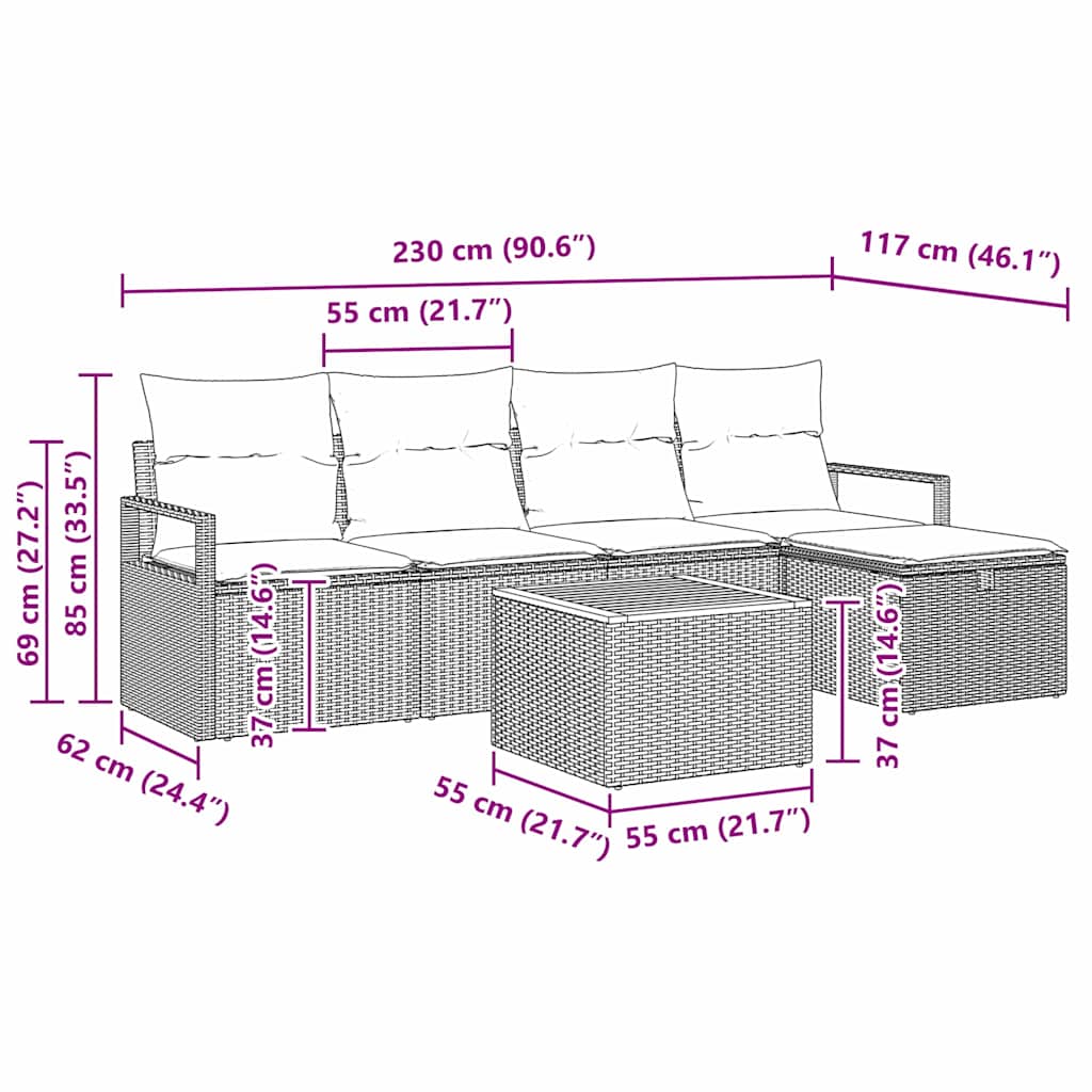vidaXL Zestaw Sof na Ogród z poduszką 6 pcs Czarny polirattan