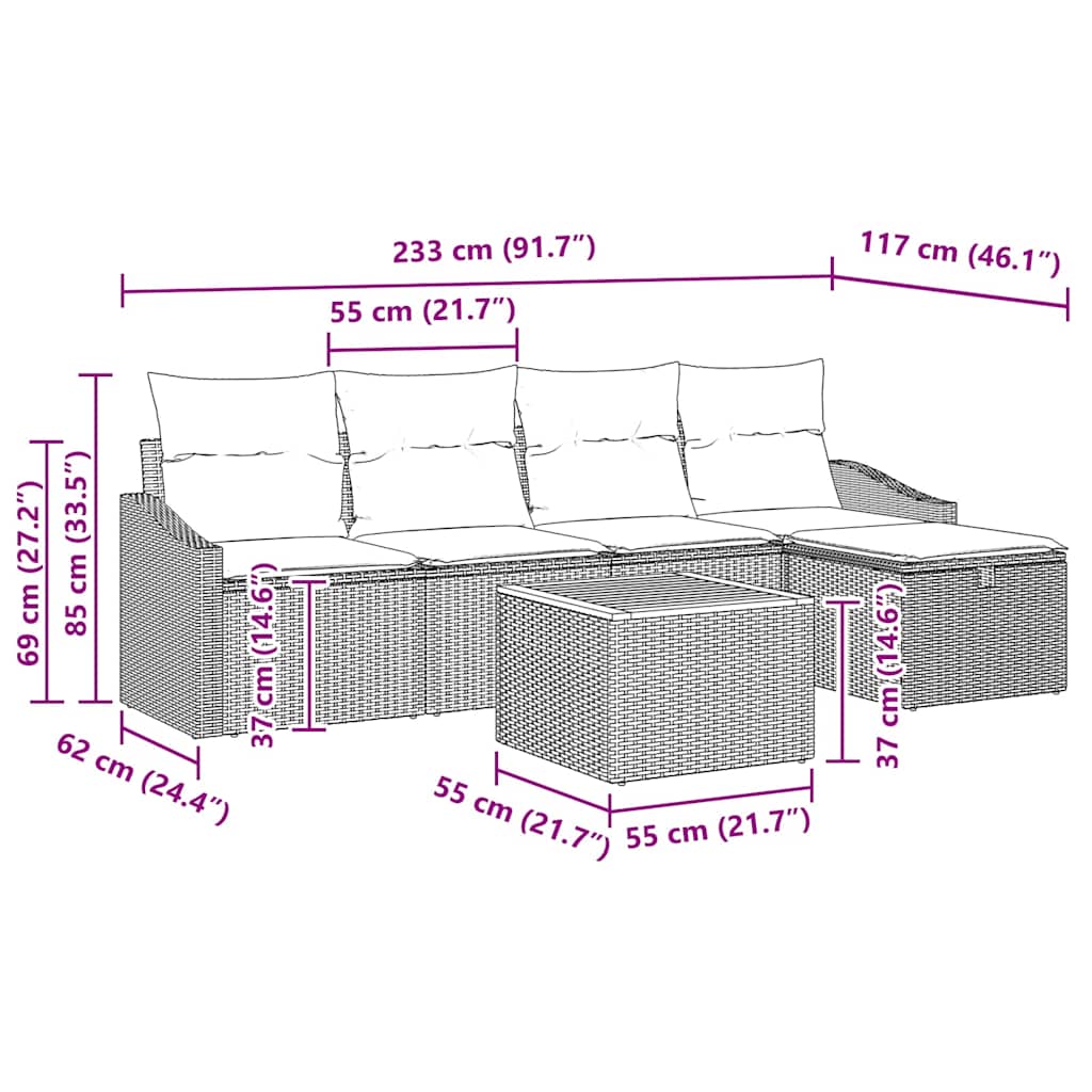 vidaXL Zestaw Sof na Ogród z poduszką 6 pcs Czarny polirattan