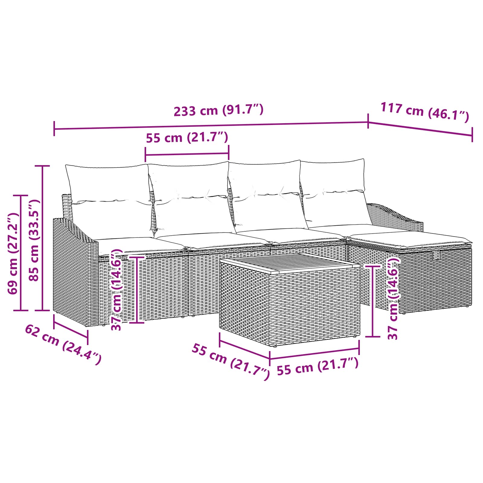 vidaXL Zestaw Sof na Ogród z poduszką 6 pcs Czarny polirattan