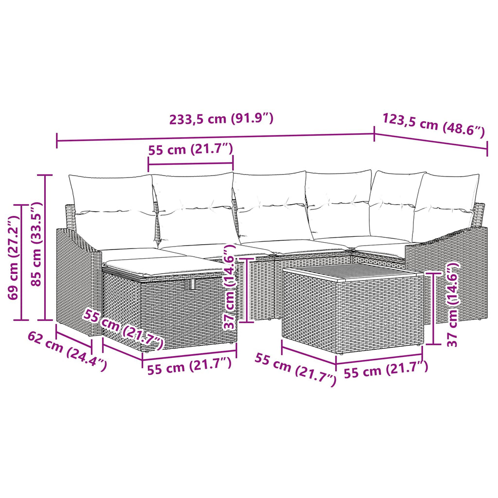 vidaXL Zestaw Sof na Ogród z poduszką 7 pcs Czarny polirattan