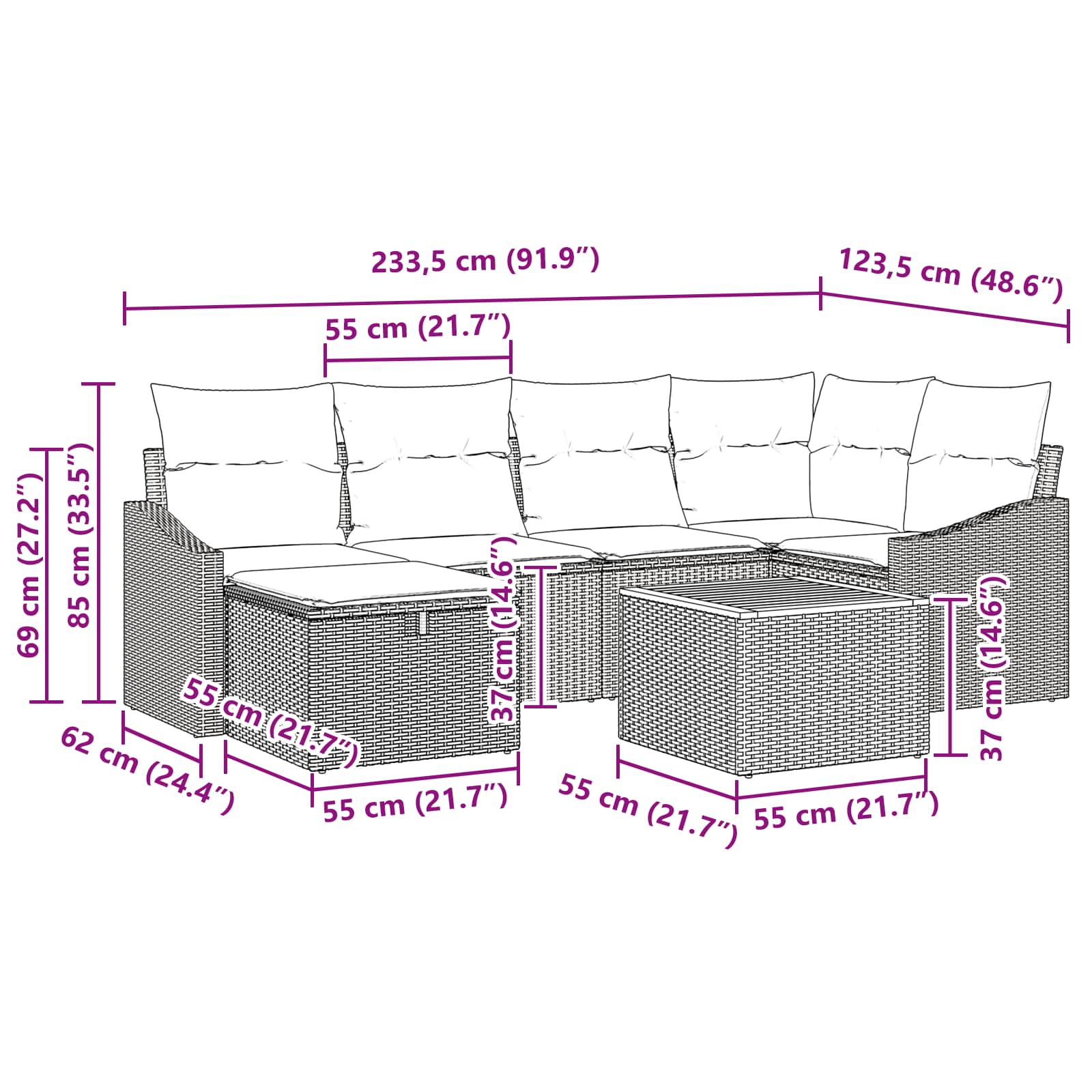 vidaXL Zestaw Sof na Ogród z poduszką 7 pcs Czarny polirattan