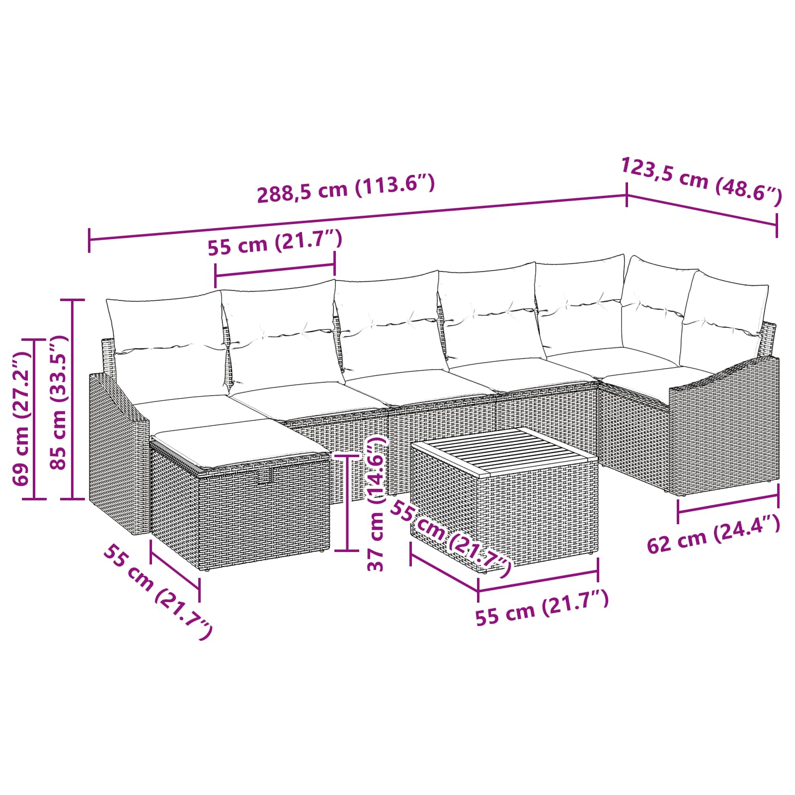 vidaXL Zestaw Sof na Ogród z poduszką 8 pcs Czarny polirattan