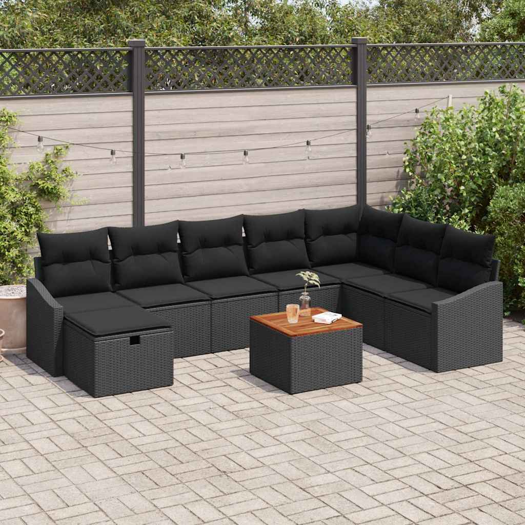 vidaXL Zestaw Sof na Ogród z poduszką 9 pcs Czarny polirattan