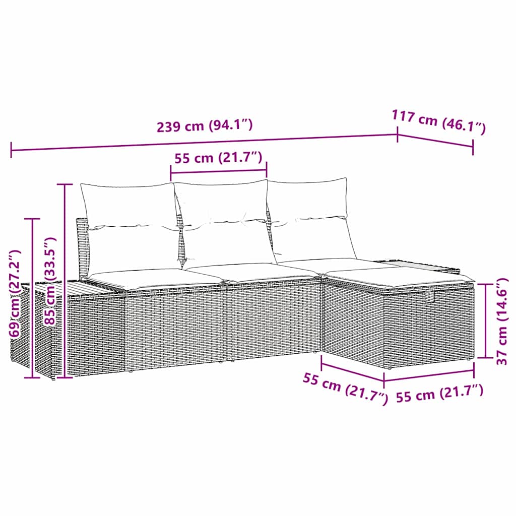 vidaXL Zestaw Sof na Ogród z poduszką 4 pcs Czarny Polirattan