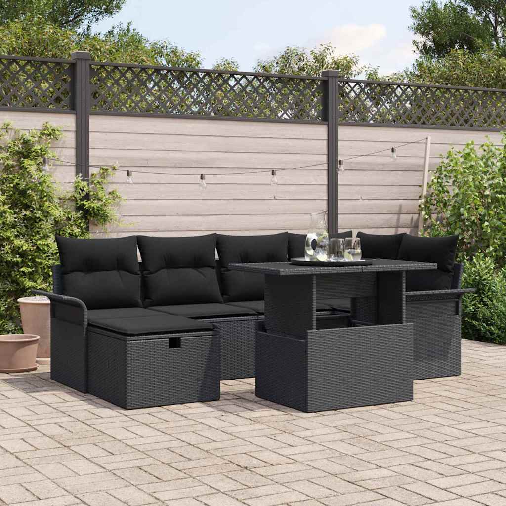 vidaXL Zestaw Sof na Ogród z poduszką 7 pcs Czarny polirattan