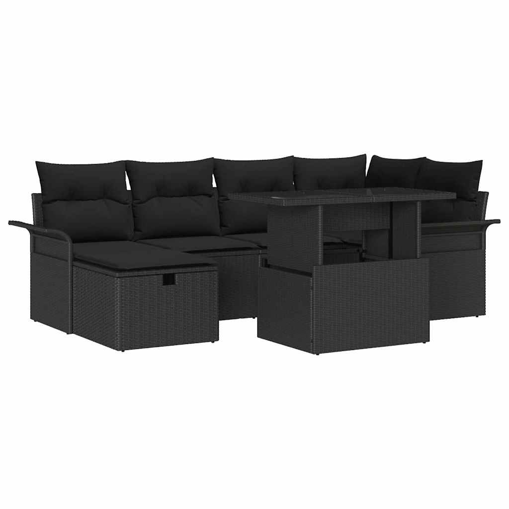 vidaXL Zestaw Sof na Ogród z poduszką 7 pcs Czarny polirattan