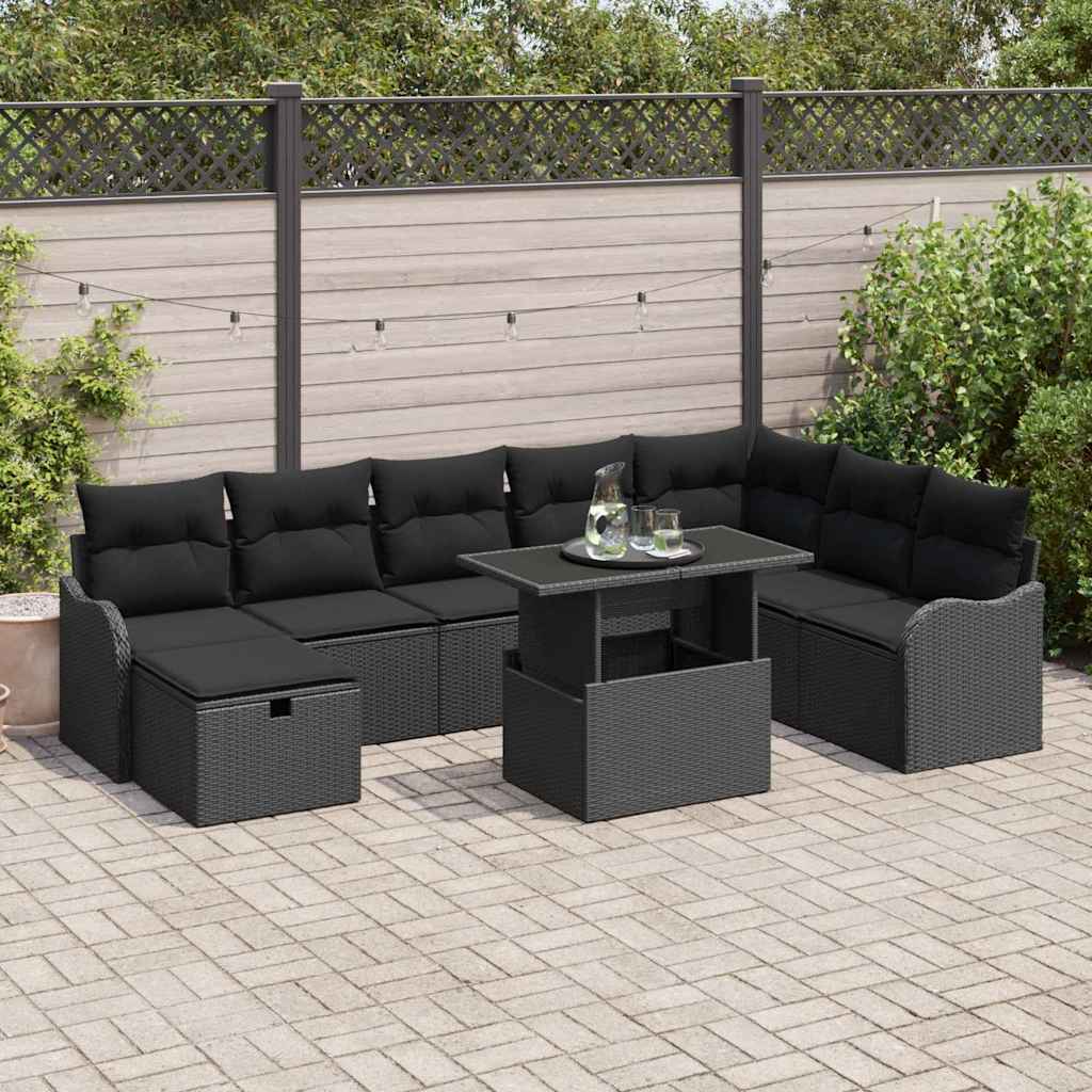 vidaXL Zestaw Sof na Ogród z poduszką 9 pcs Czarny Polirattan