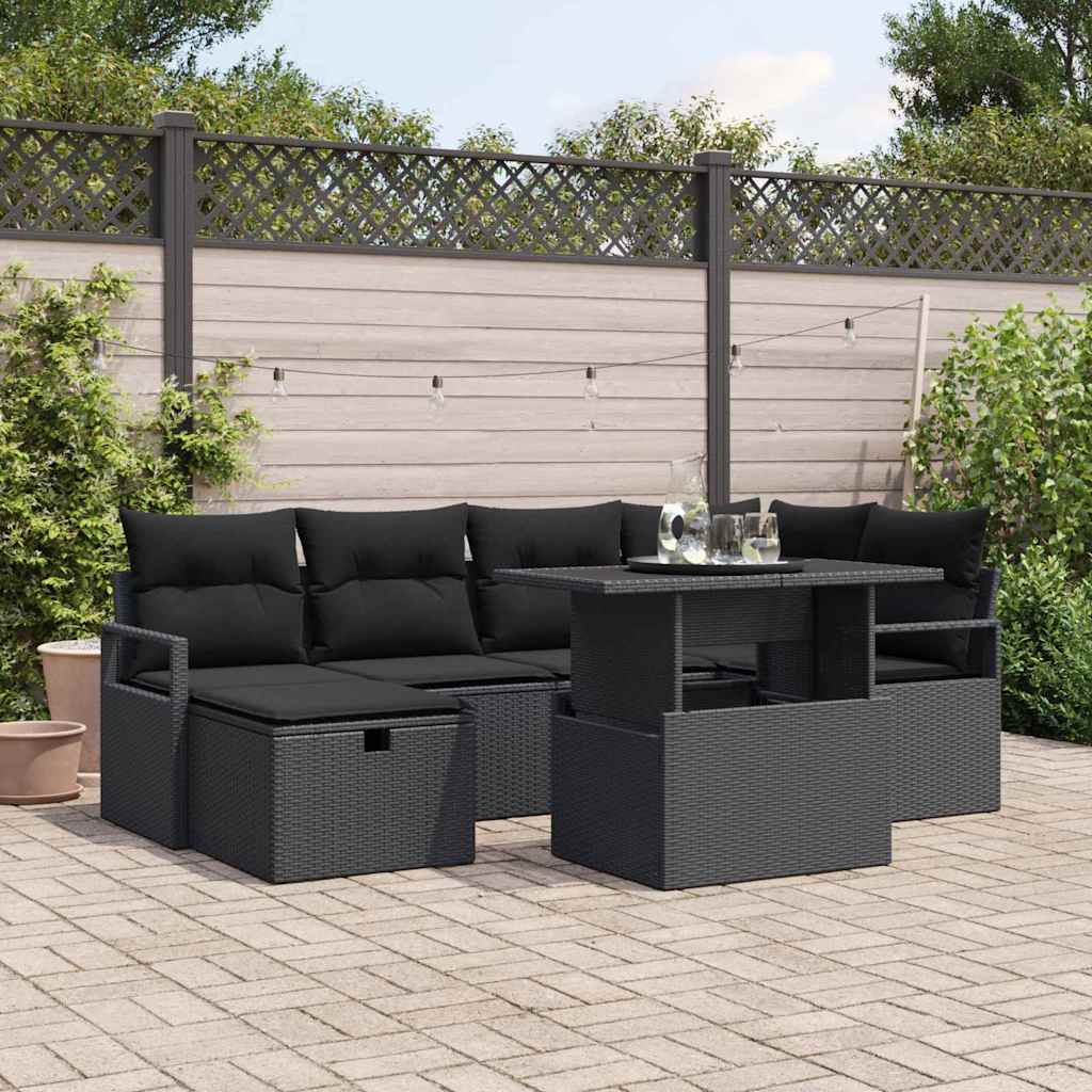 vidaXL Zestaw Sof na Ogród z poduszką 7 pcs Czarny Polirattan