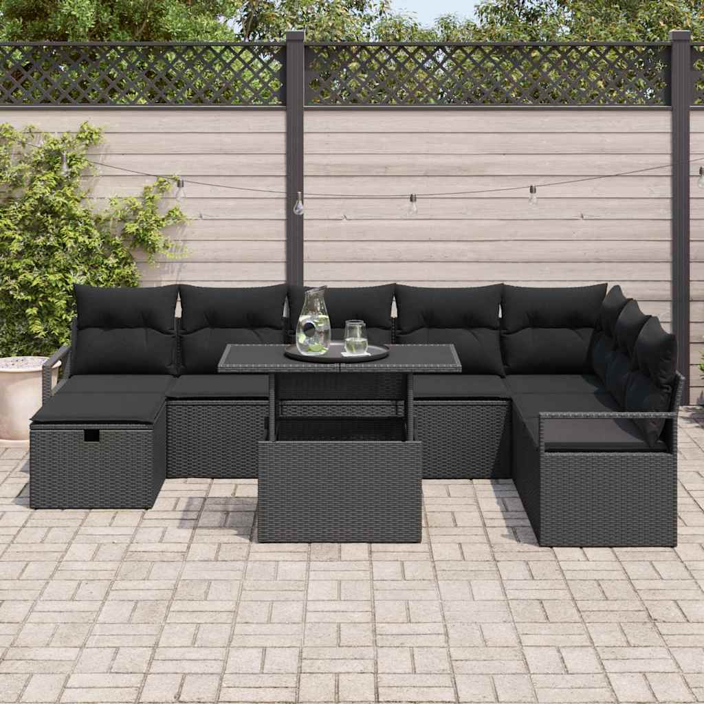 vidaXL Zestaw Sof na Ogród z poduszką 9 pcs Czarny Polirattan