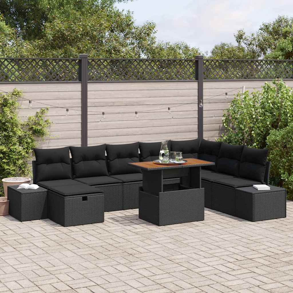 vidaXL Zestaw Sof na Ogród z poduszką 9 pcs Czarny polirattan