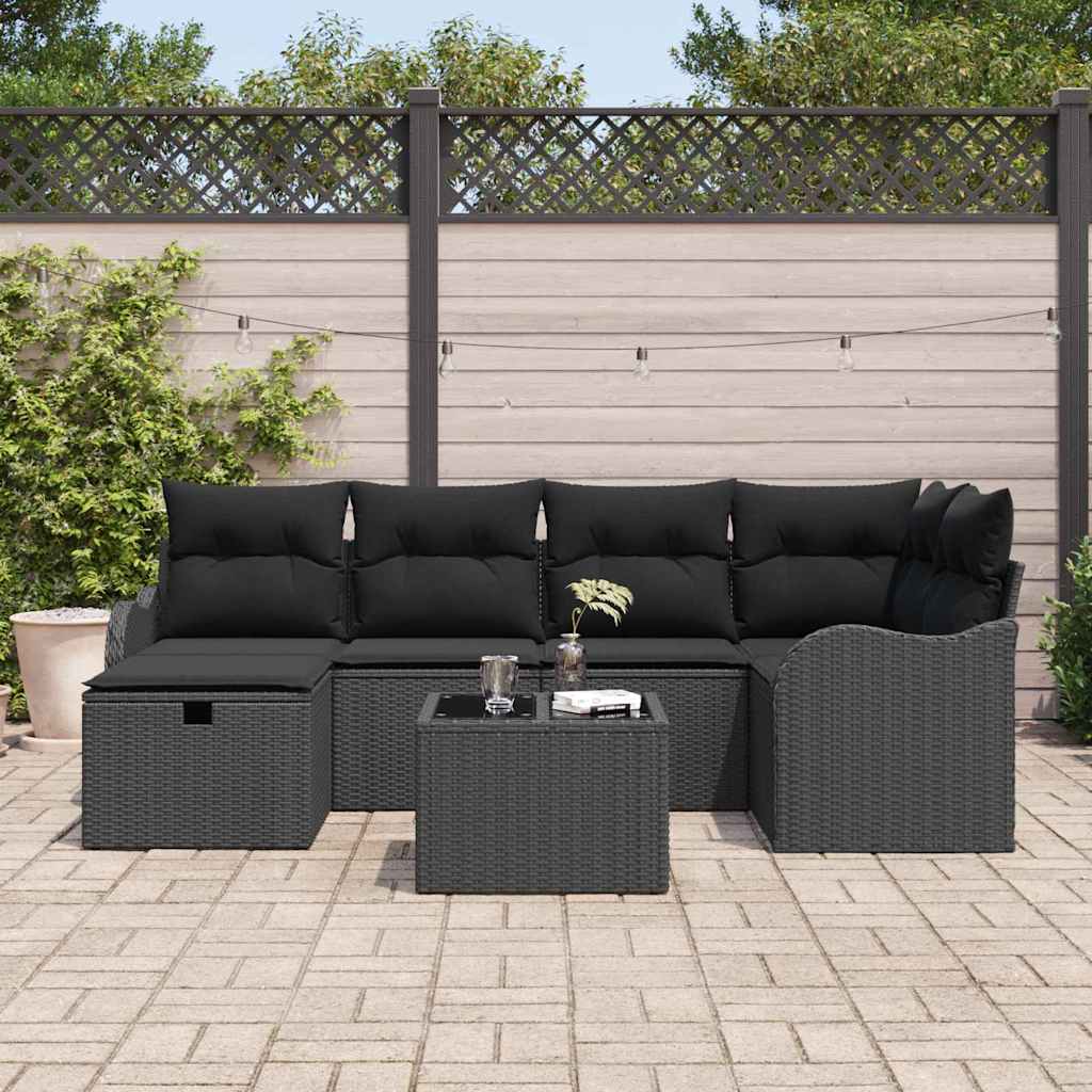 vidaXL Zestaw Sof na Ogród z poduszką 7 pcs Czarny Polirattan