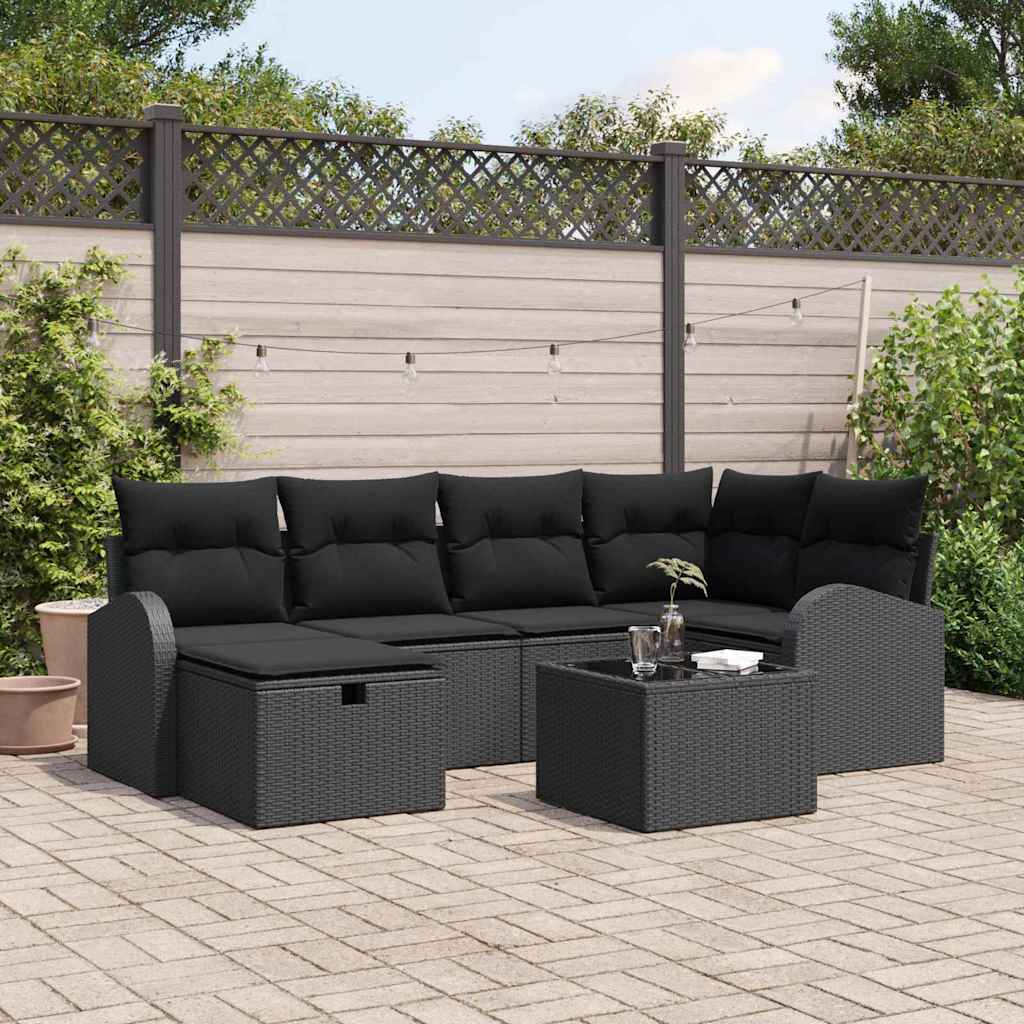 vidaXL Zestaw Sof na Ogród z poduszką 7 pcs Czarny Polirattan