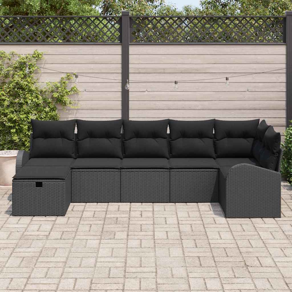vidaXL Zestaw Sof na Ogród z poduszką 7 pcs Czarny polirattan