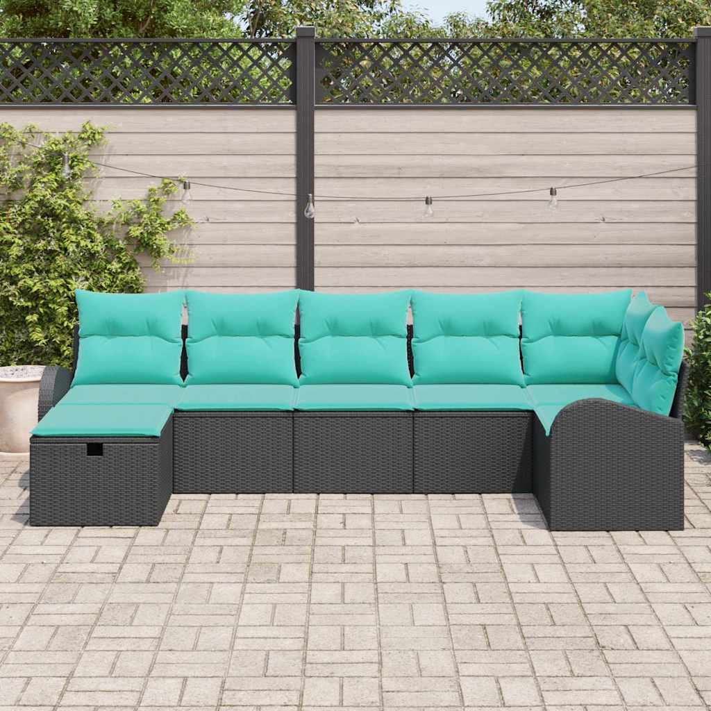 vidaXL Zestaw Sof na Ogród z poduszką 7 pcs Czarny polirattan