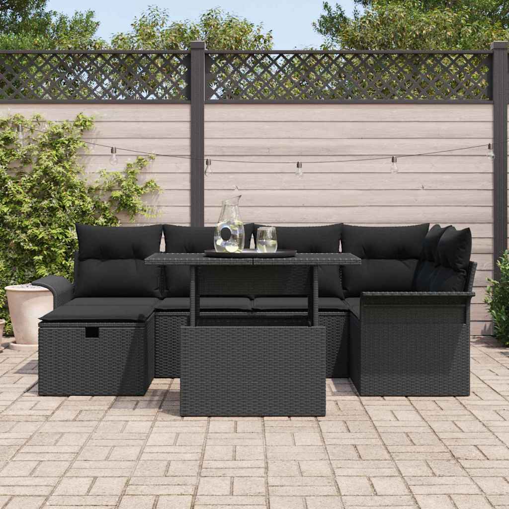 vidaXL Zestaw Sof na Ogród z poduszką 7 pcs Czarny Polirattan