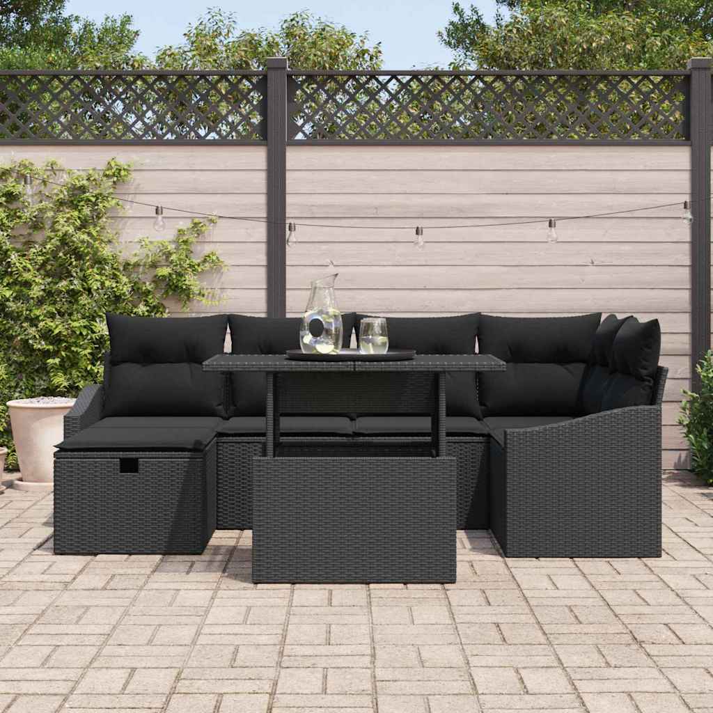 vidaXL Zestaw Sof na Ogród z poduszką 7 pcs Czarny polirattan
