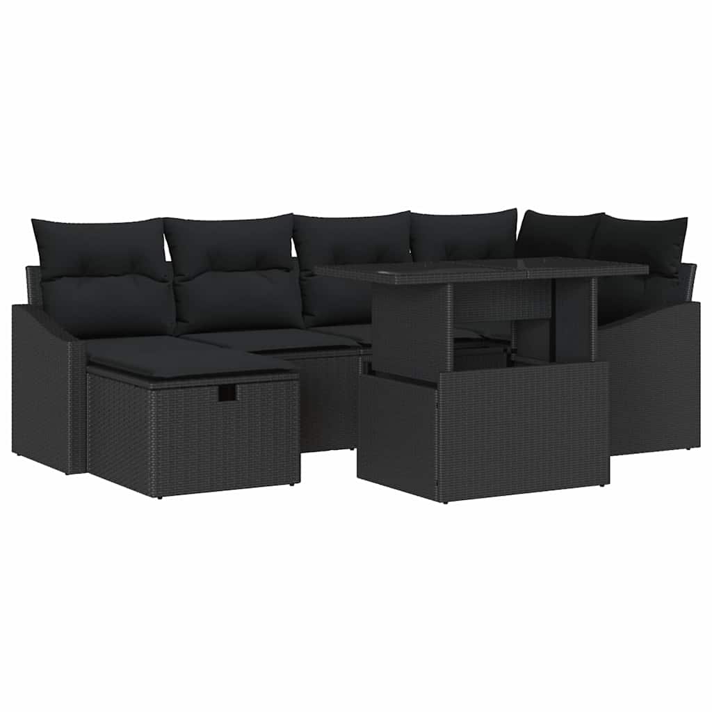 vidaXL Zestaw Sof na Ogród z poduszką 7 pcs Czarny polirattan