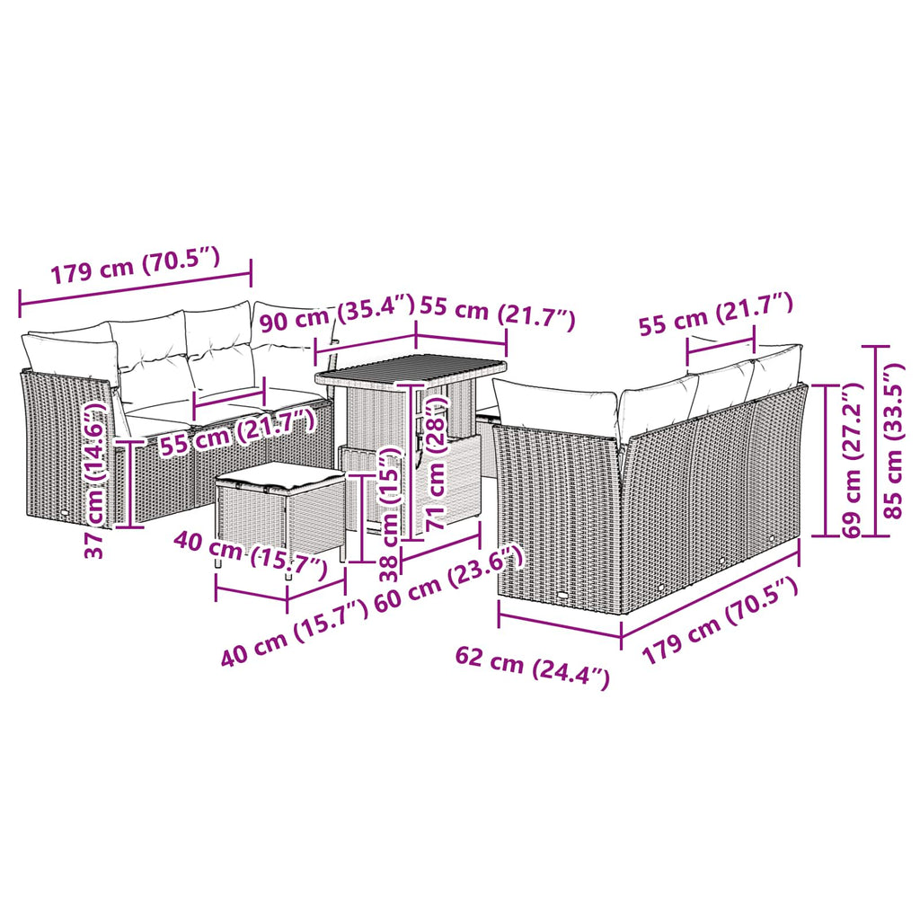 vidaXL Zestaw Sof na Ogród z poduszką 9 pcs Czarny polirattan