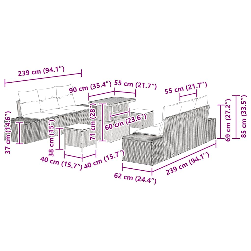 vidaXL Zestaw Sof na Ogród z poduszką 9 pcs Szary polirattan