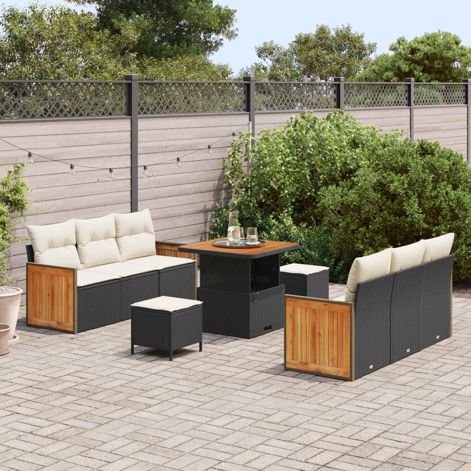 vidaXL Zestaw Sof na Ogród z poduszką 9 pcs Czarny i kremowy