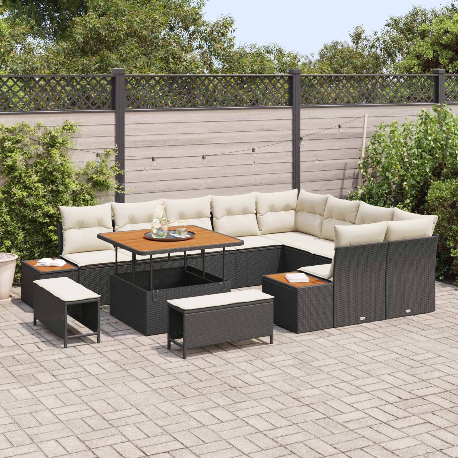 vidaXL Zestaw Sof na Ogród z poduszką 12 pcs Czarny i kremowy